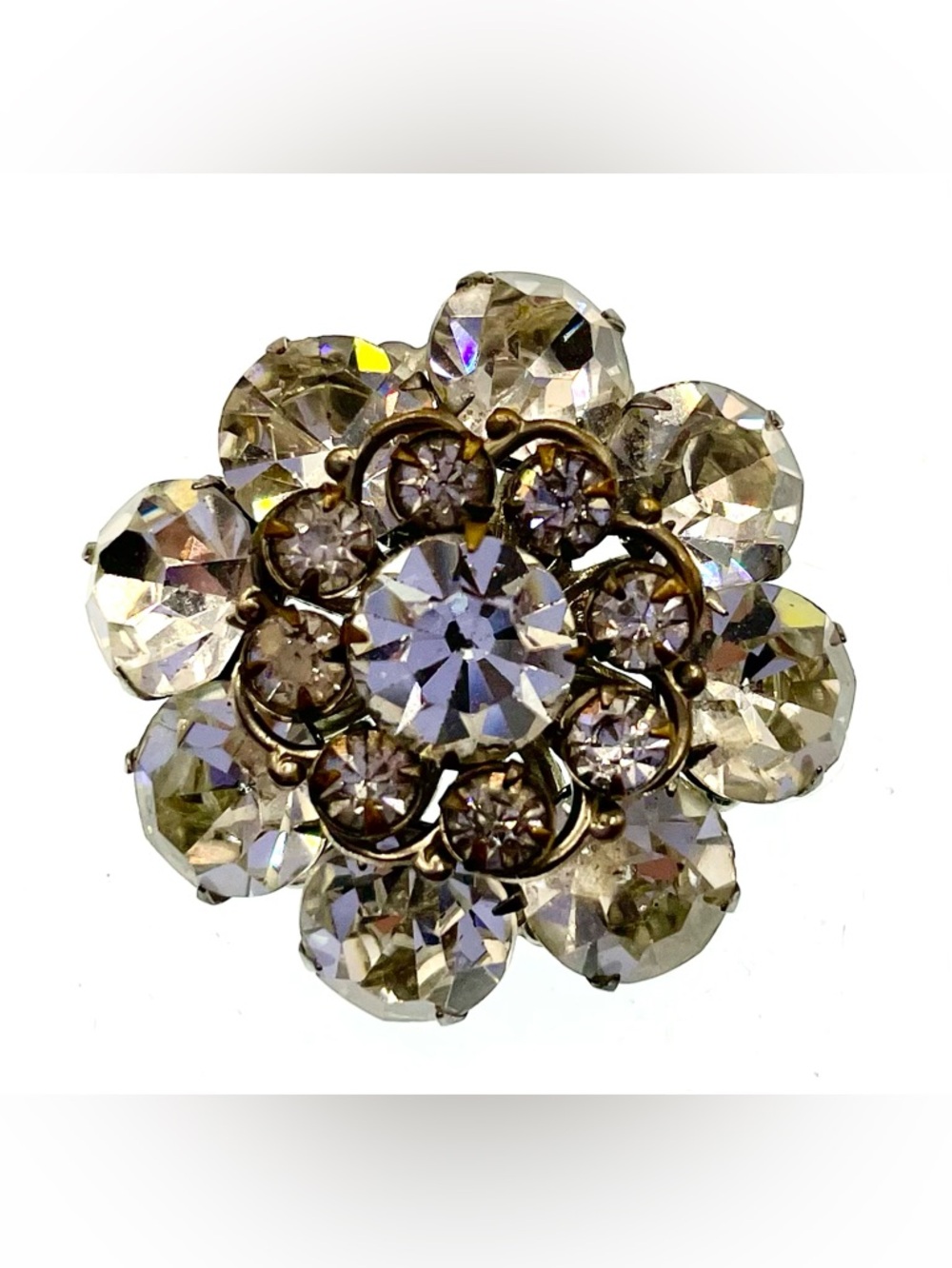 Vintage Rhinestone Flower Brooch Clear Crystal Cluster Pin Silver Tone Sparkle